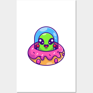 Cute alien flying with spaceship ufo doughnut cartoon Posters and Art